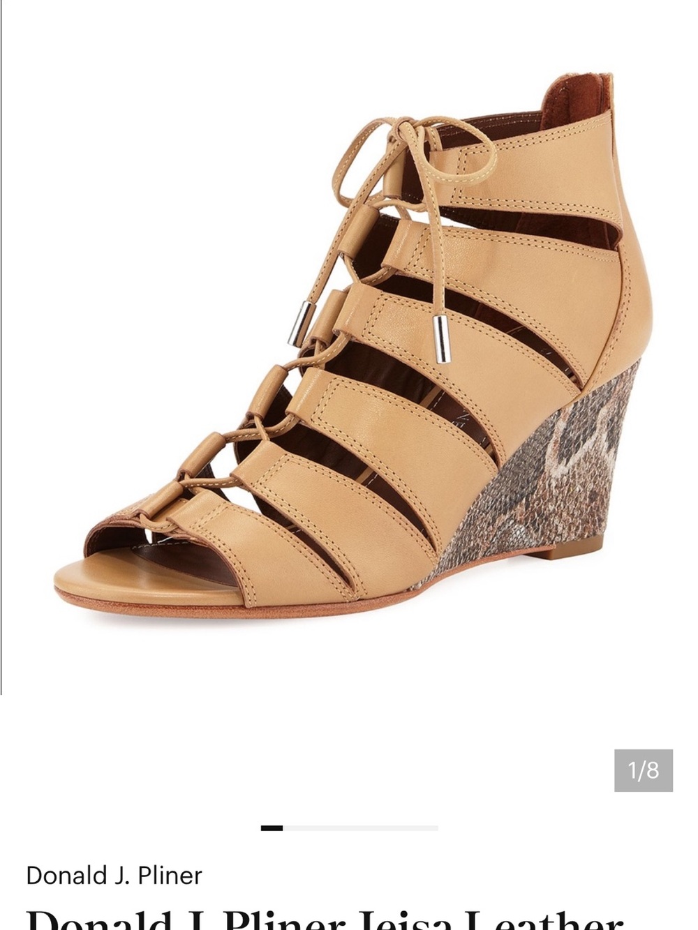 Donald J. Pliner Beige Leather Lace-Up Cutout Wedge Sandal with Snake skin Heel